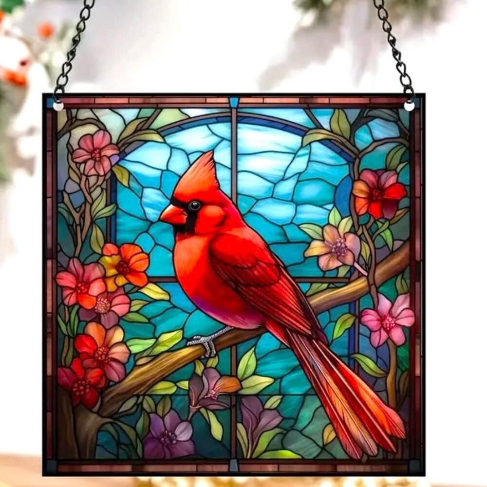 Cardinal Suncatcher Red Bird Square Metal Hanging Chain Indoor Outdoor Heaven
